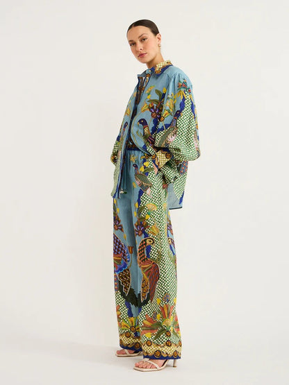 Trendy Animal Print Puff Sleeve Linen Two-Piece Set