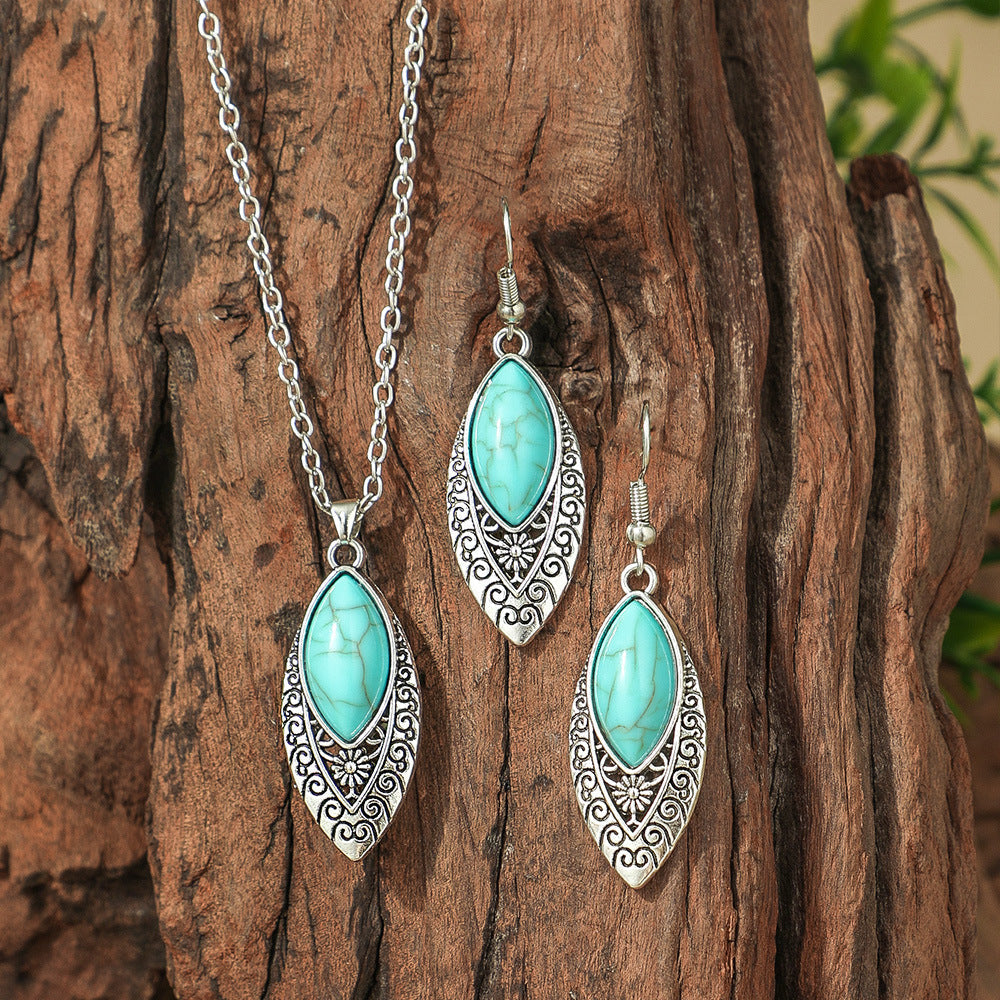 Bohemian Geometric Earrings and Necklace Set with Turquoise Accents