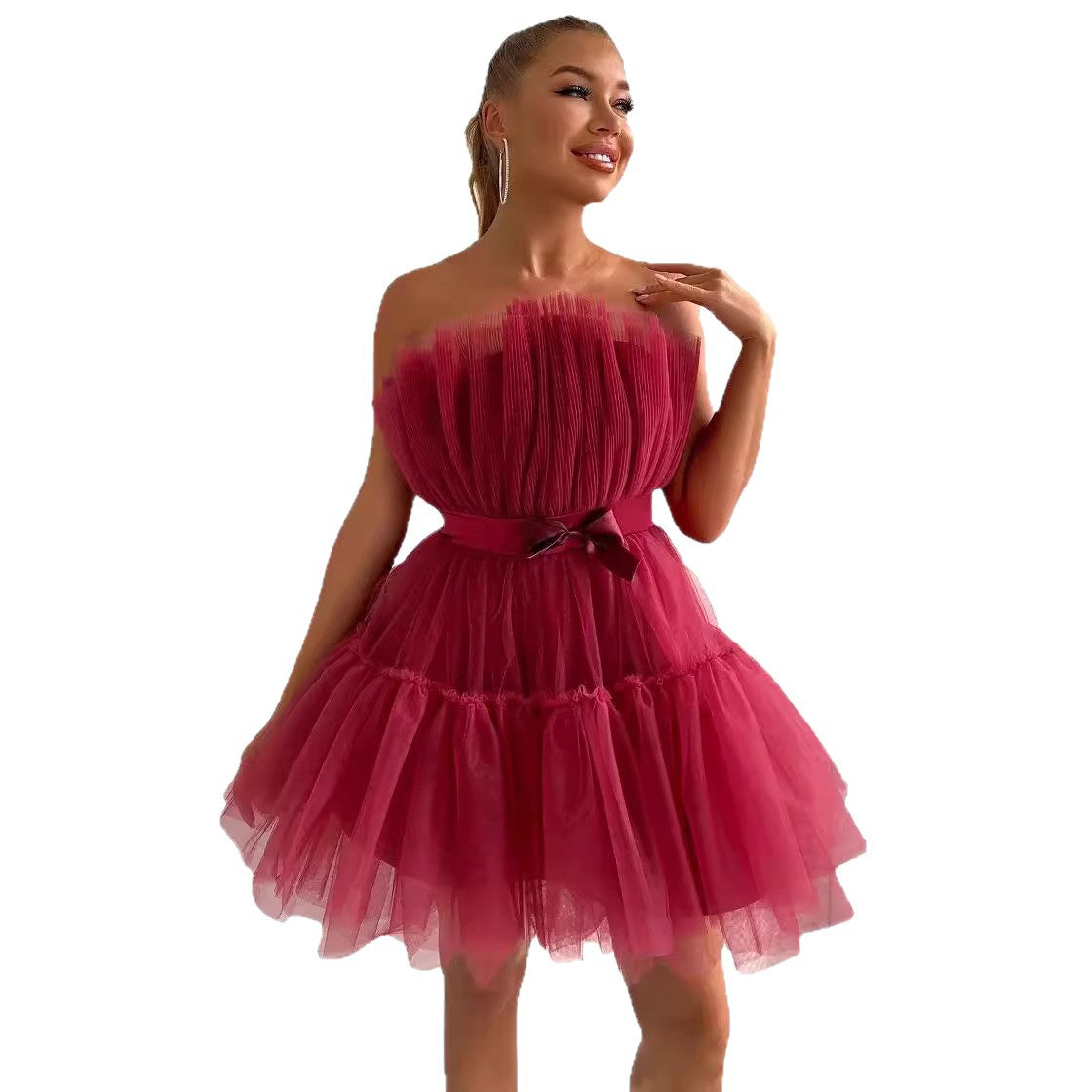 Strapless Tulle Bow Dress Elegant Flare Cocktail Dress