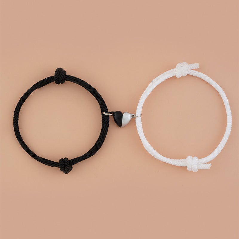 Fashionable Black And White Heart-Shaped Magnetic Buckle Milan Rope Braided Couples Girlfriends Bracelet Adjustable Bracelet