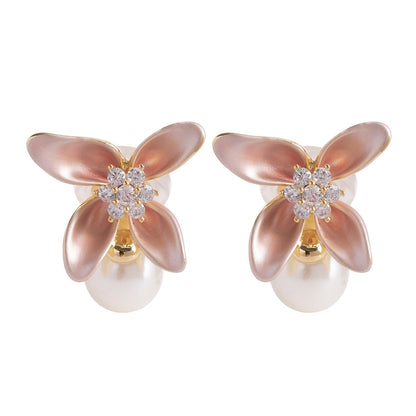 Dopamine Pink Enamel Flower Clip-On Earrings With Pearls