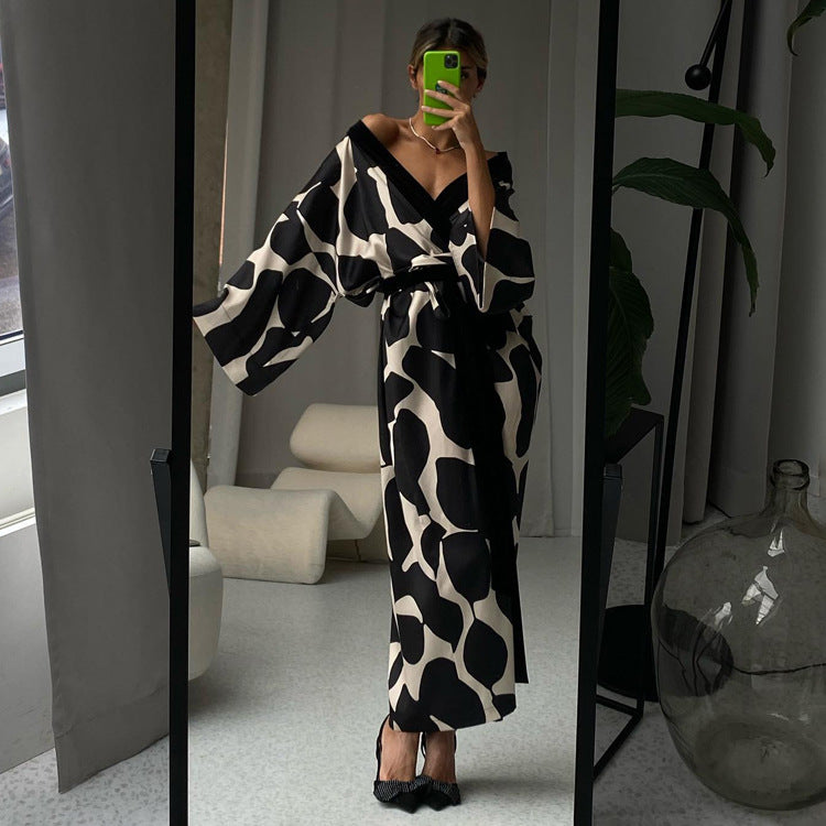 Satin Feel Sleepwear Women's Robe with V-Neck for Home