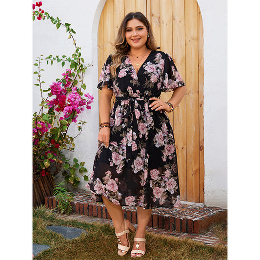 V-Neck Floral Maxi Dress with Short Sleeves