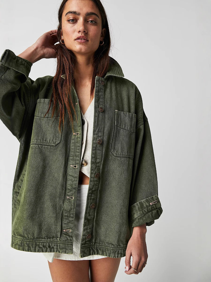 Casual Pocket Side-Slit Denim Jacket for Women