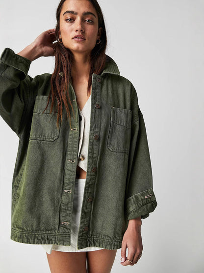 Casual Pocket Side-Slit Denim Jacket for Women