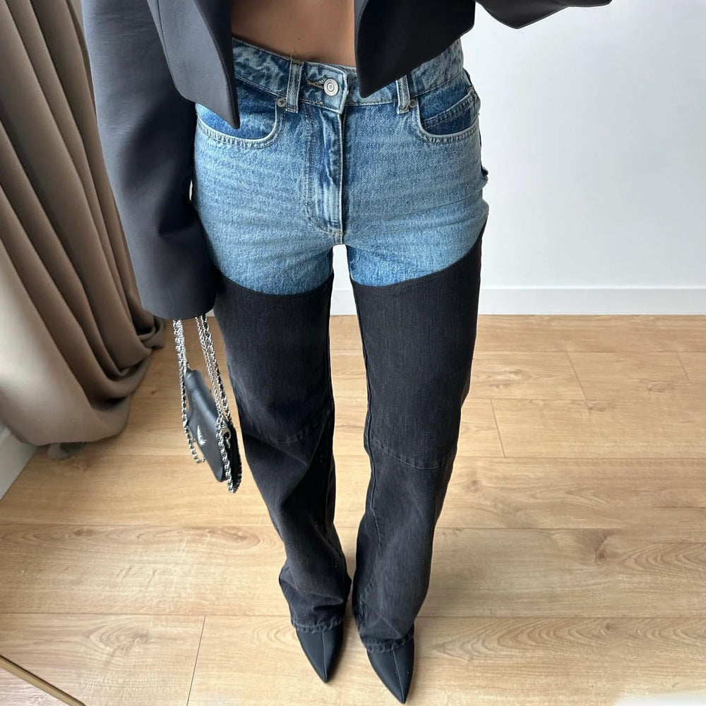 Color Block Splicing Straight Jeans