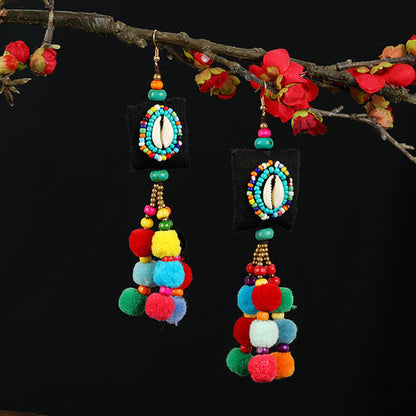 Retro National Style Contrast Color Pommel Earrings Exaggerated Personality Bohemian Holiday Long Tassel Temperament Earrings Women