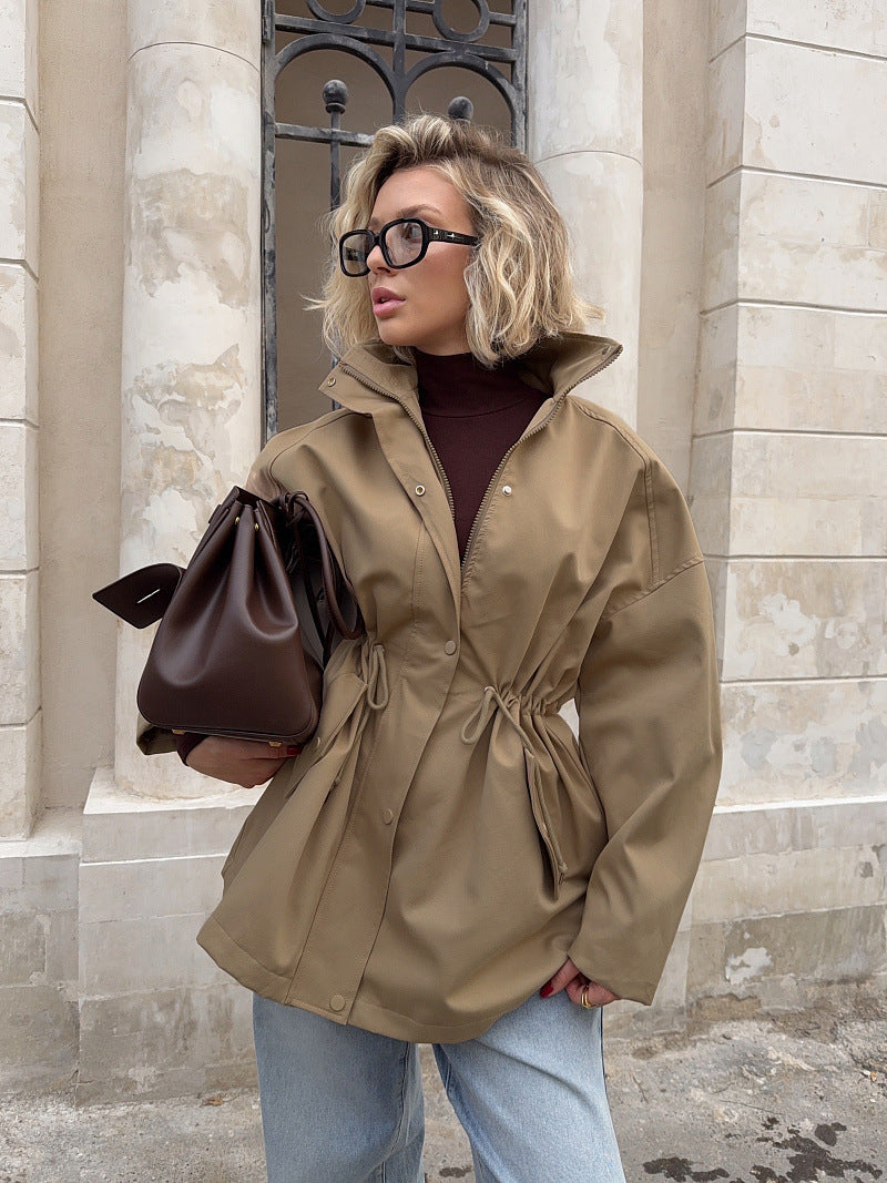 Casual Cotton Trench Coat With Drawstring Fit