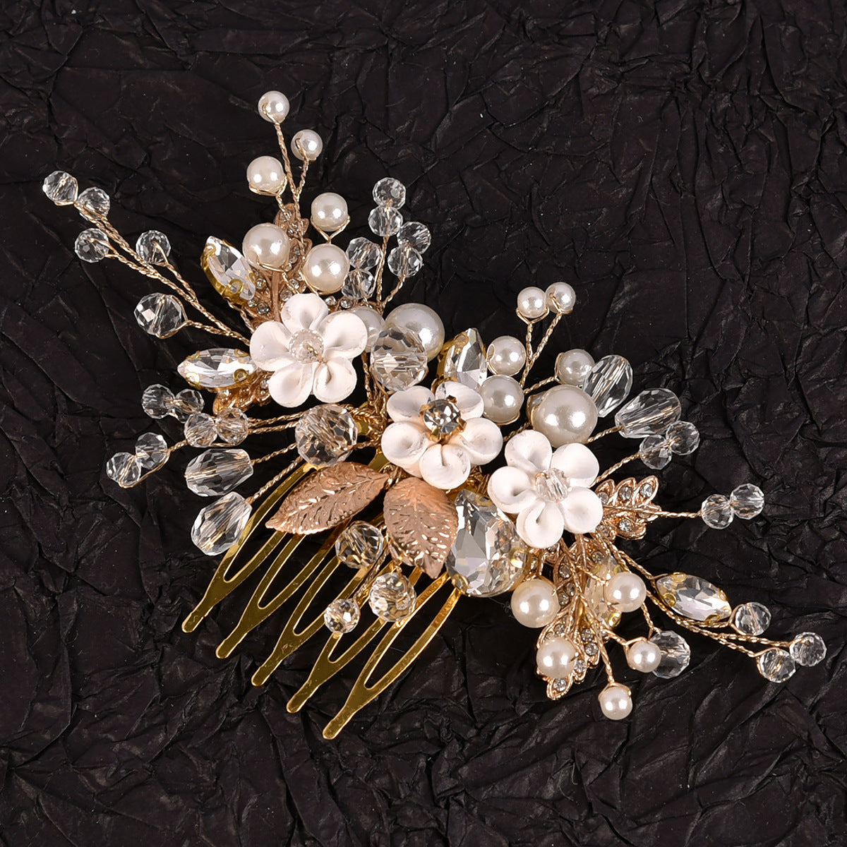 White Floral Bridal Hairpiece Handmade Crystal Beaded Comb