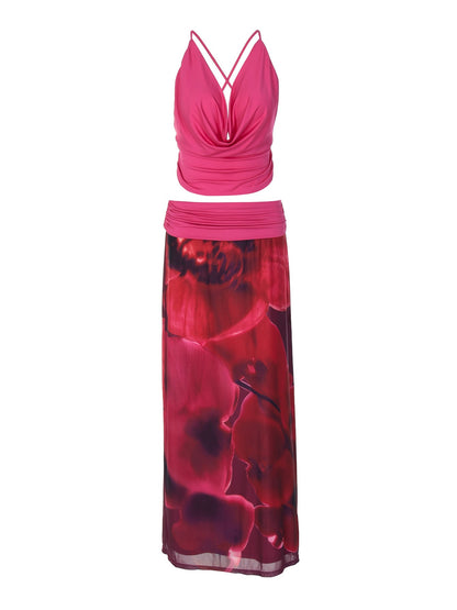 Sleeveless Sexy Floral Midi Dress Set for Parties