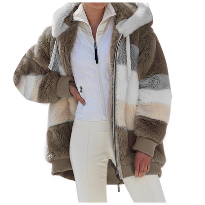 Autumn And Winter Warm Plush Patchwork Zipper Pocket Hooded Loose Coat Women