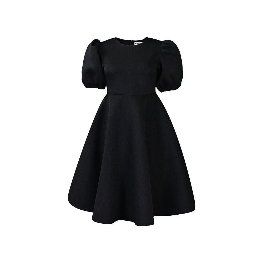 Elegant A-Line Dress With Puff Sleeves And Waist Tie