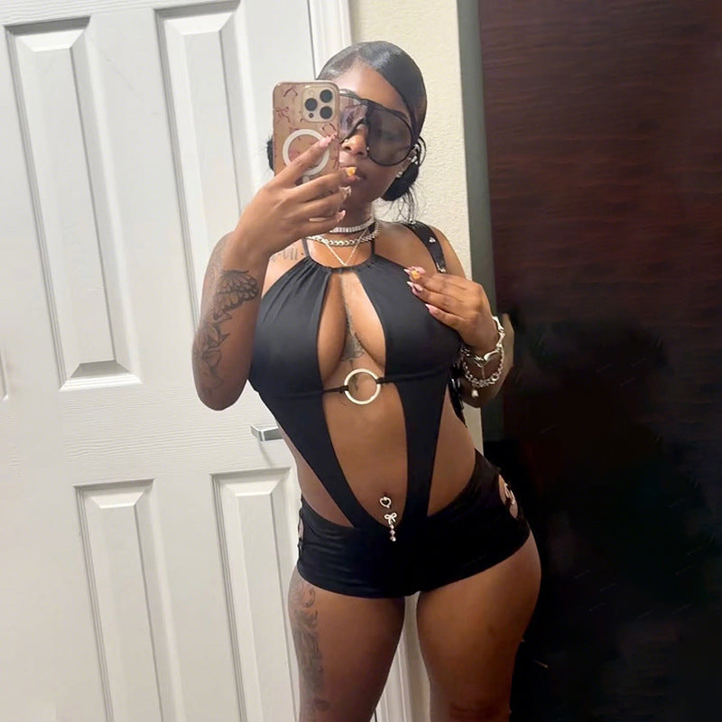 Backless Sexy Bodysuit With Tie Detail And Fitted Shorts
