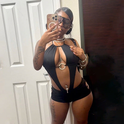 Backless Sexy Bodysuit With Tie Detail And Fitted Shorts