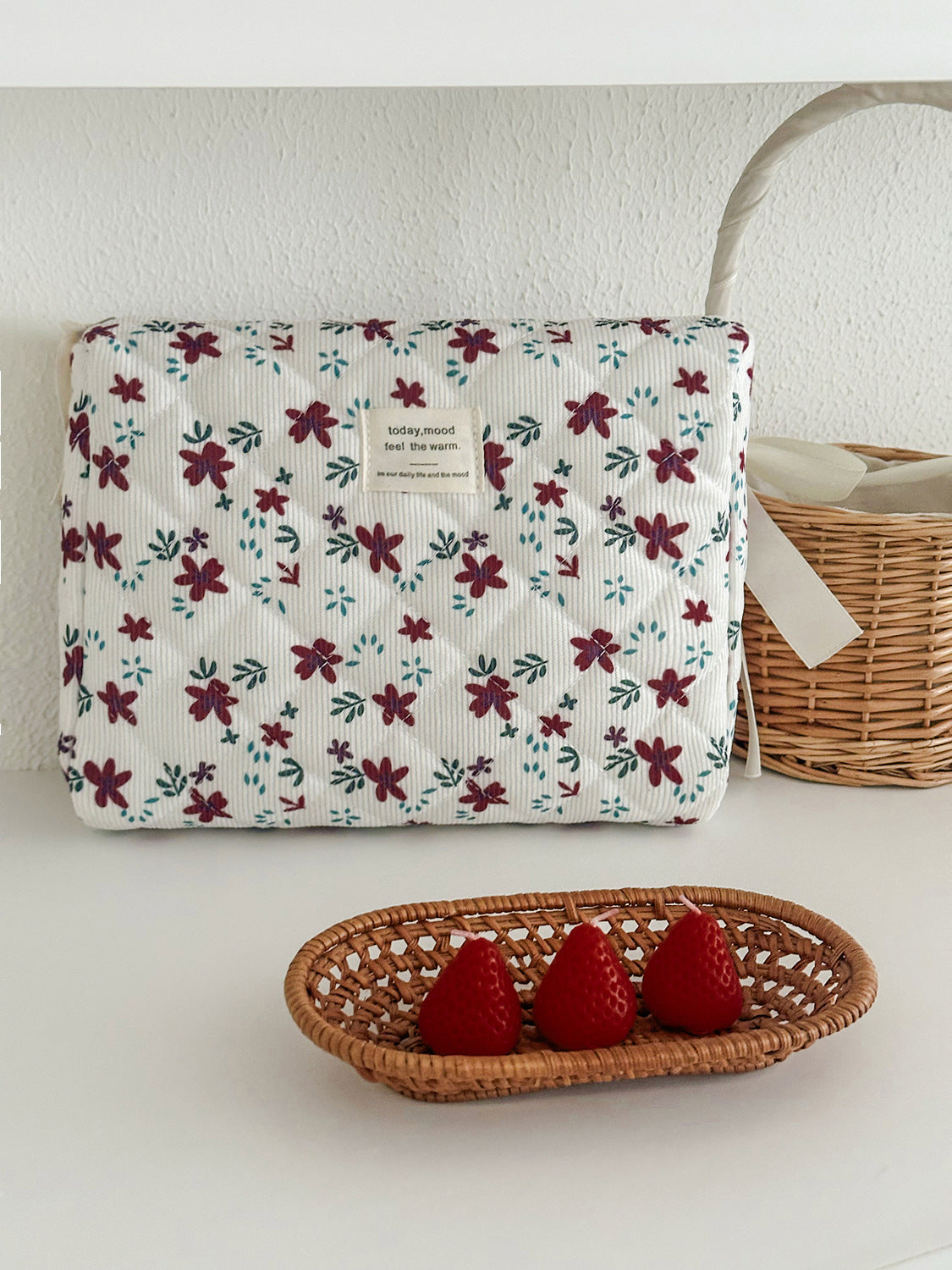 Burgundy Floral Corduroy Makeup Bag Large Capacity Travel Organizer