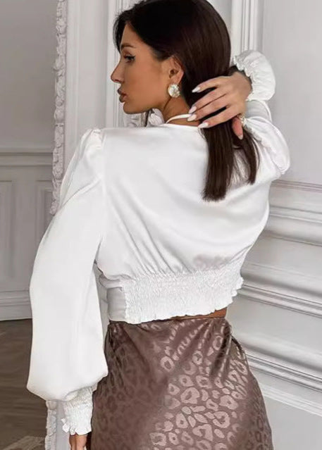 Satin Blouse With Twist Front And Puff Sleeves