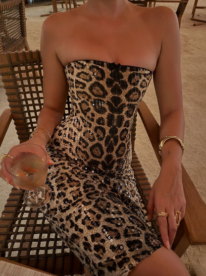 Trendy Leopard Print Tie-Back Bodycon Midi Dress