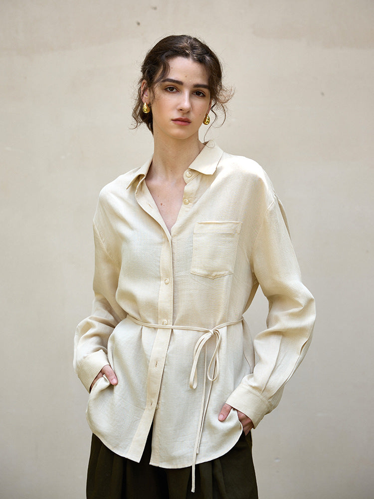 French Style Long Sleeve Women's Shirt Jacket With Tie Waist