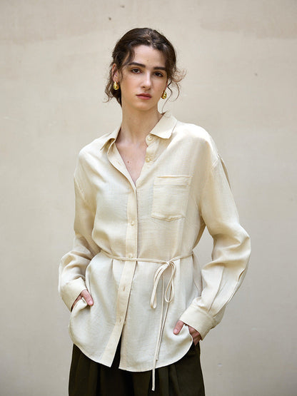 French Style Long Sleeve Women's Shirt Jacket With Tie Waist