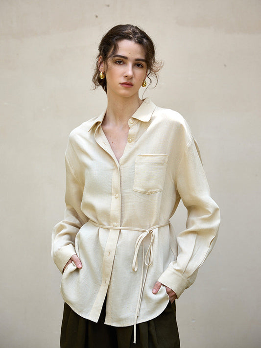 French Style Long Sleeve Women's Shirt Jacket With Tie Waist