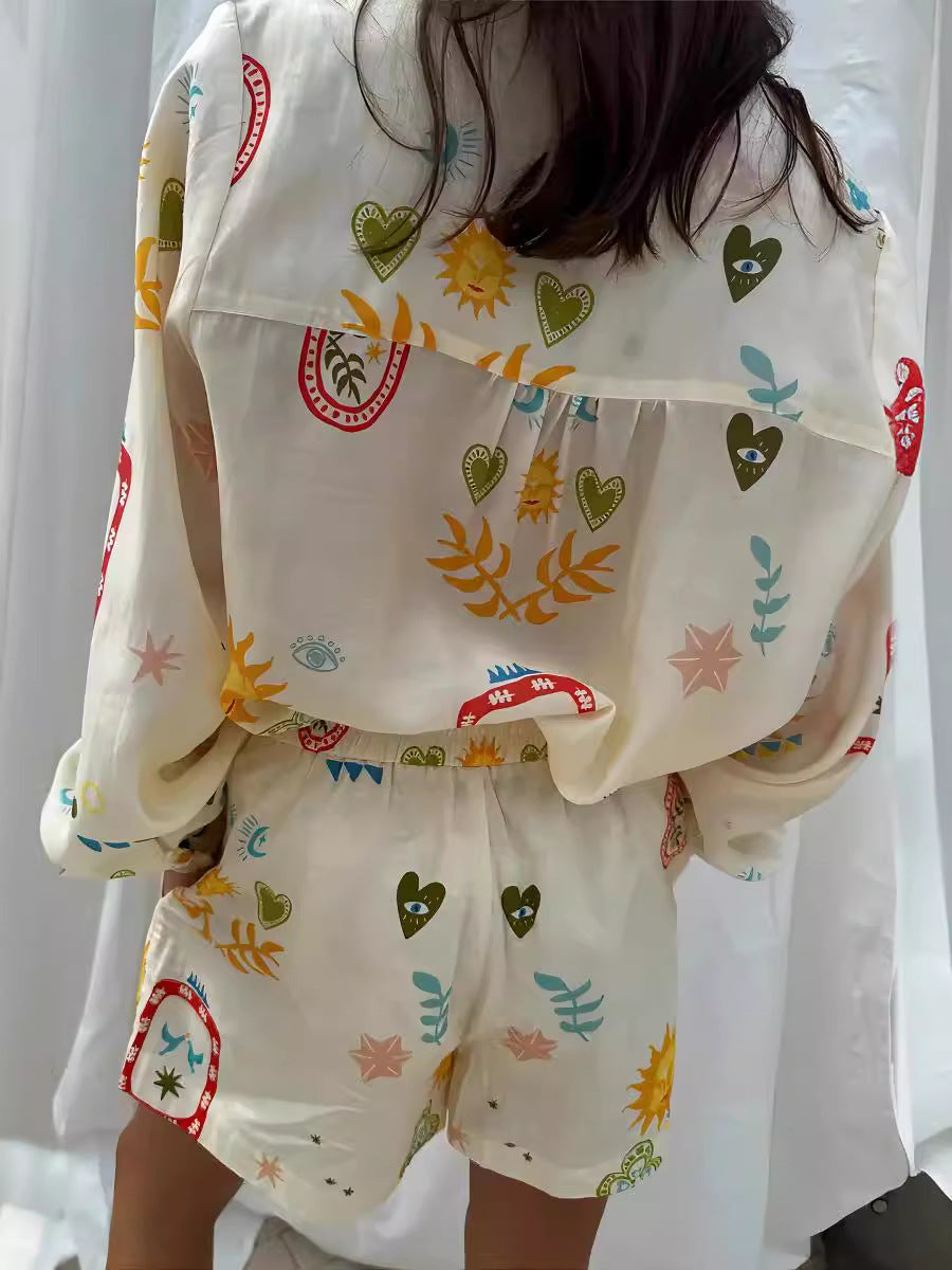 Fashion Print Linen Casual Cardigan Shorts Set