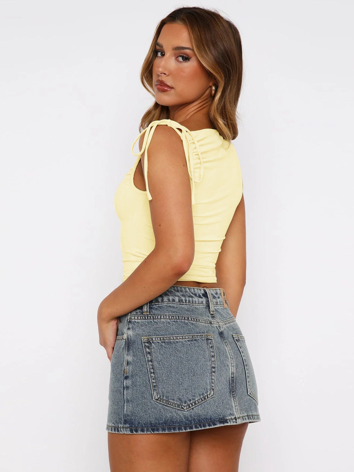 Trendy Sleeveless Ruched Cropped Top With Asymmetric Straps