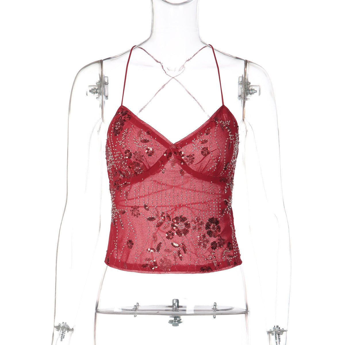 Floral Sequined Tie Back Crop Top