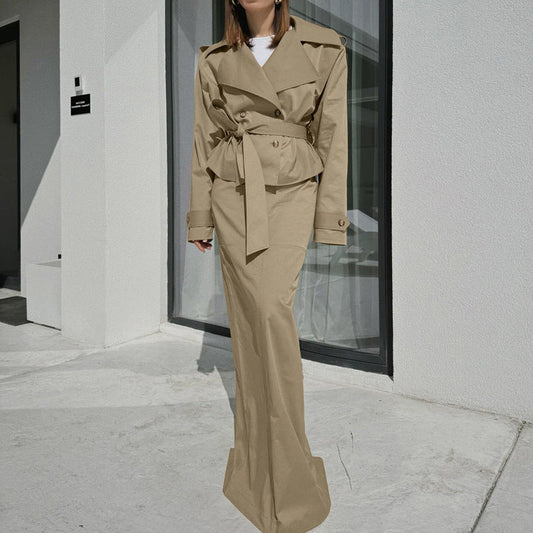 Chic Two-Piece Midi Skirt and Long Sleeve Trench Coat Set