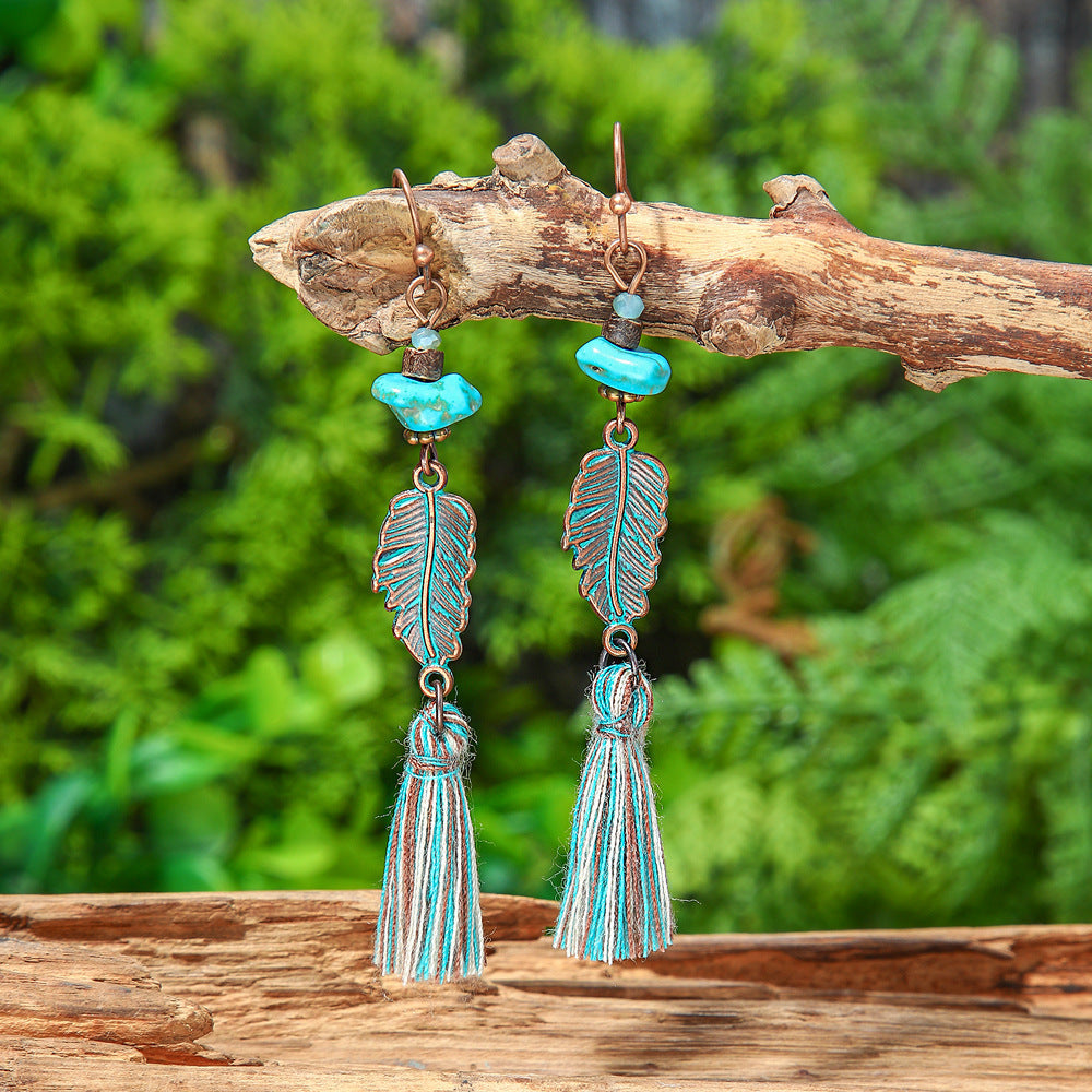 Vintage Leaf Pendant Earrings Hollow Floral Design Alloy Tassel Earrings