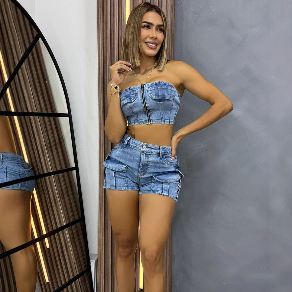 Stylish Denim Shorts Set With Strapless Top