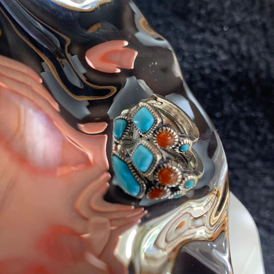 Ethnic Style High Value Light Luxury Bohemian Style Niche Design Red And Green Stone Double Earrings Ear Buckle Tibetan Style