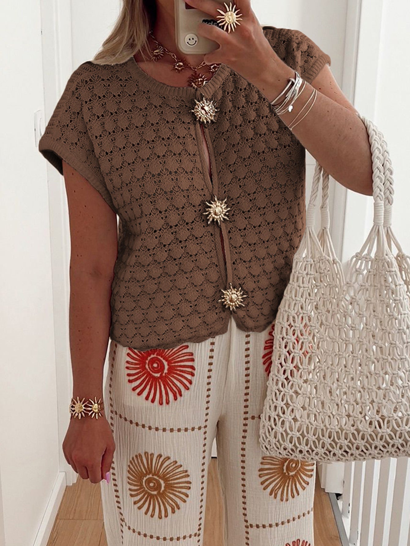 Casual Geometric Lace Short Sleeve T-Shirt