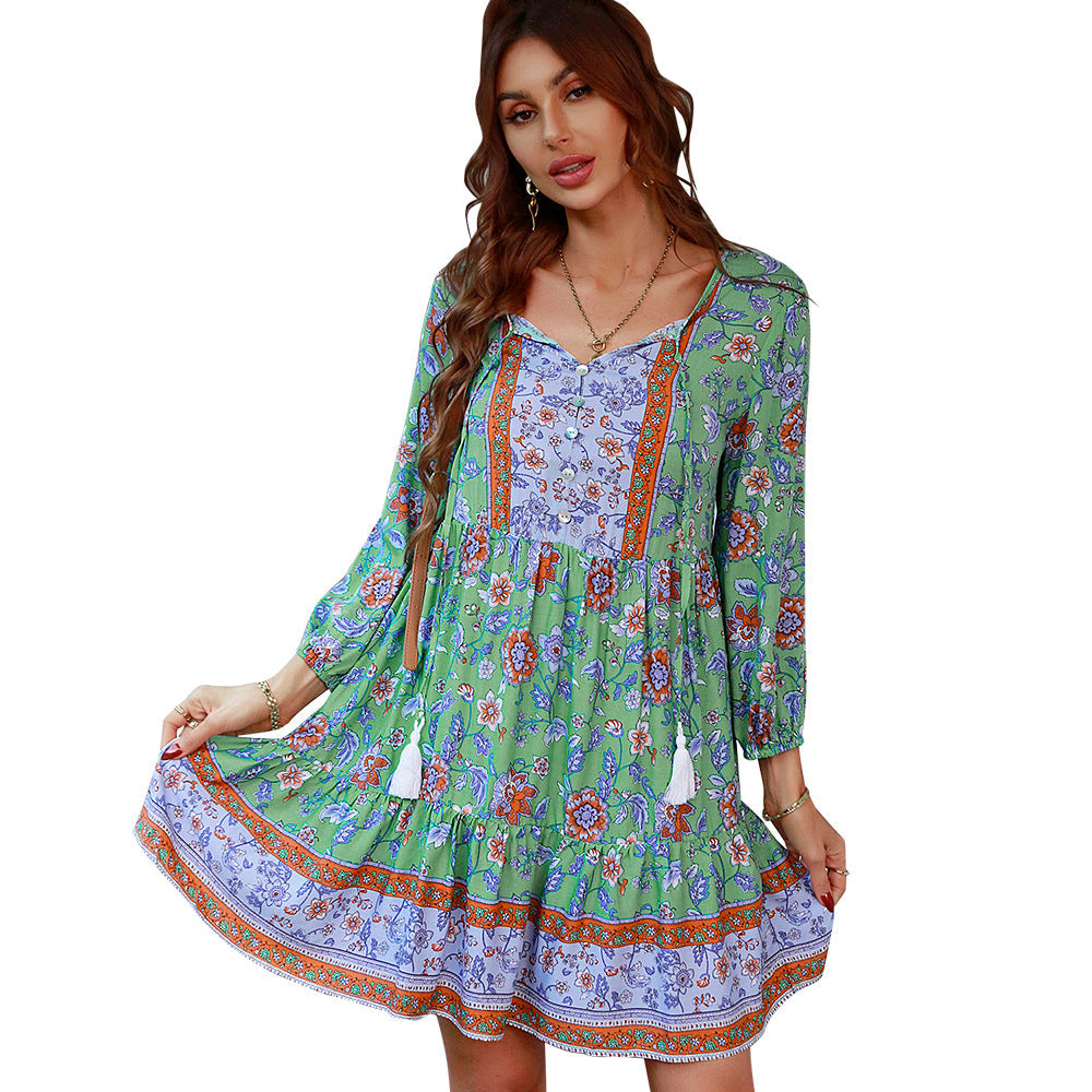 Elegant V-Neck Printed A-Line Dress Casual Vacation Wear