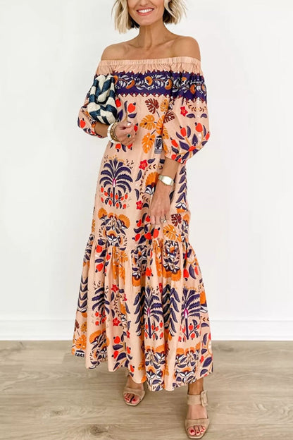 Retro Floral Off-Shoulder Pocket Maxi Dress for Women