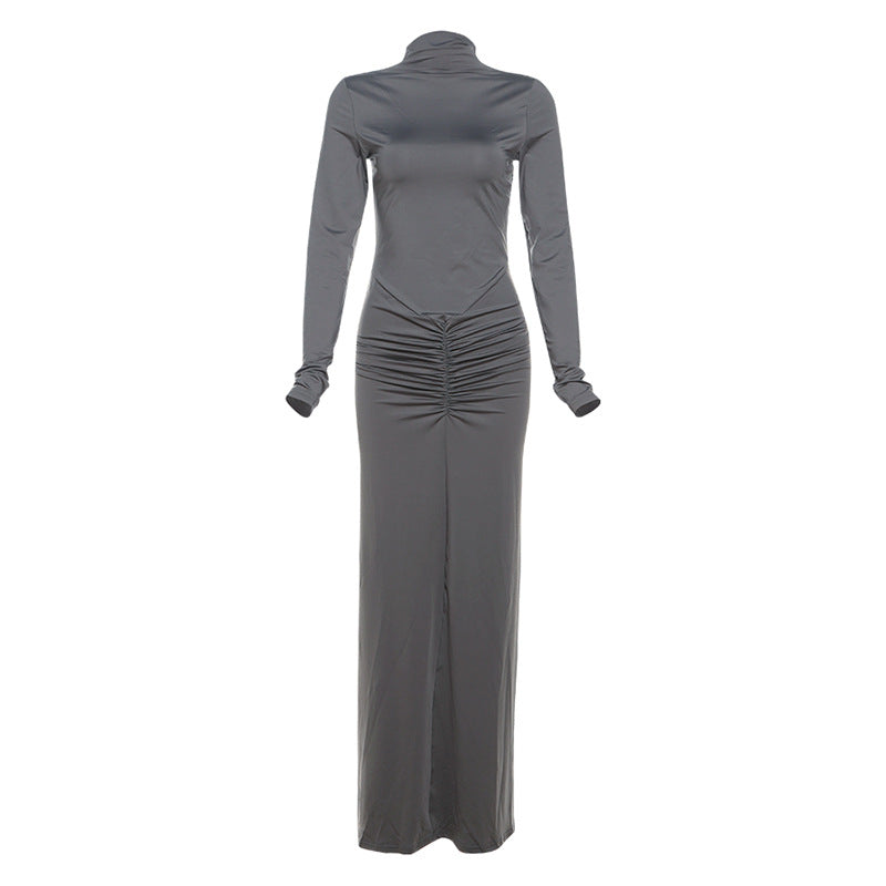 Elegant Solid Color Long Sleeve Maxi Dress With Ruching