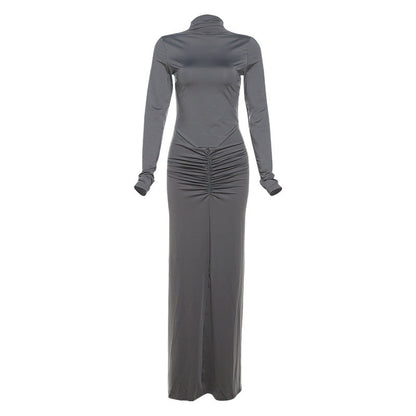 Elegant Solid Color Long Sleeve Maxi Dress With Ruching