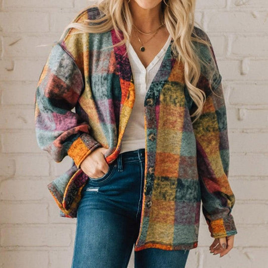 Autumn New Fleece Warm Jacket For Women Multi-Color Plaid Loose Jacket