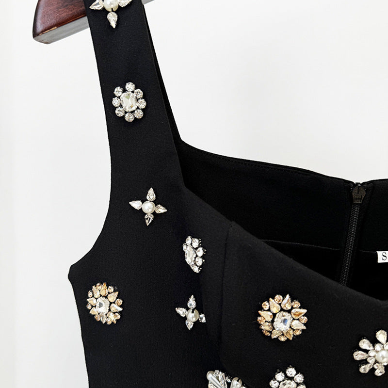 Elegant Black Long Maxi Dress With Beaded Embellishments