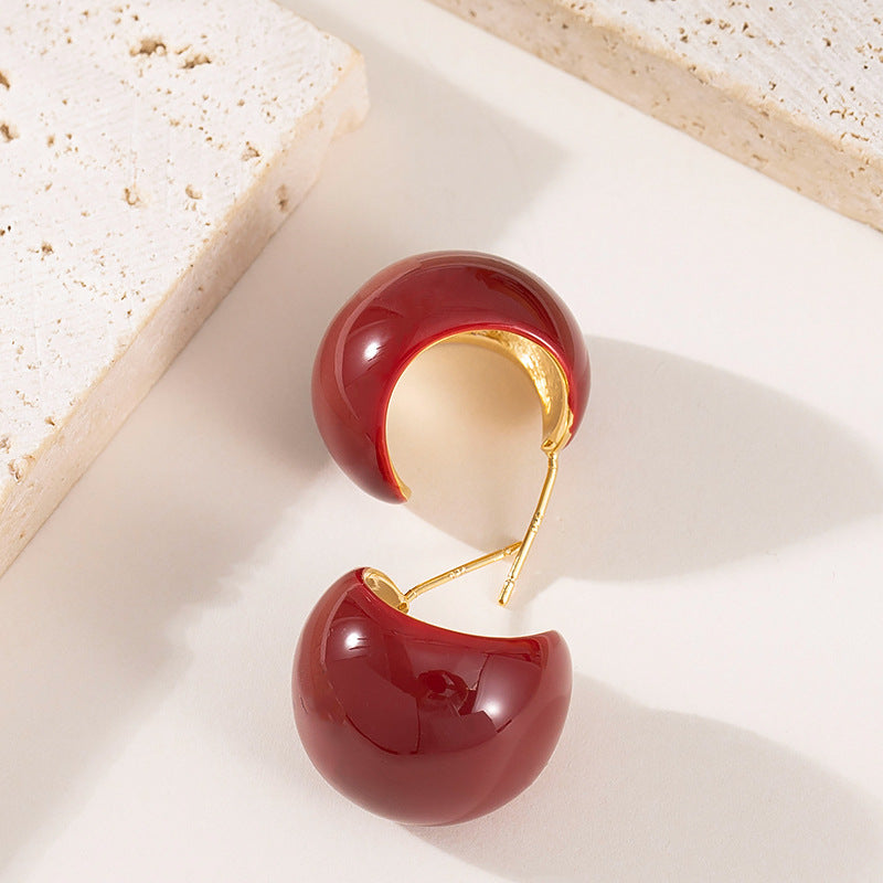 Geometry Design Cherry Red Enamel Stud Earrings - 925 Silver