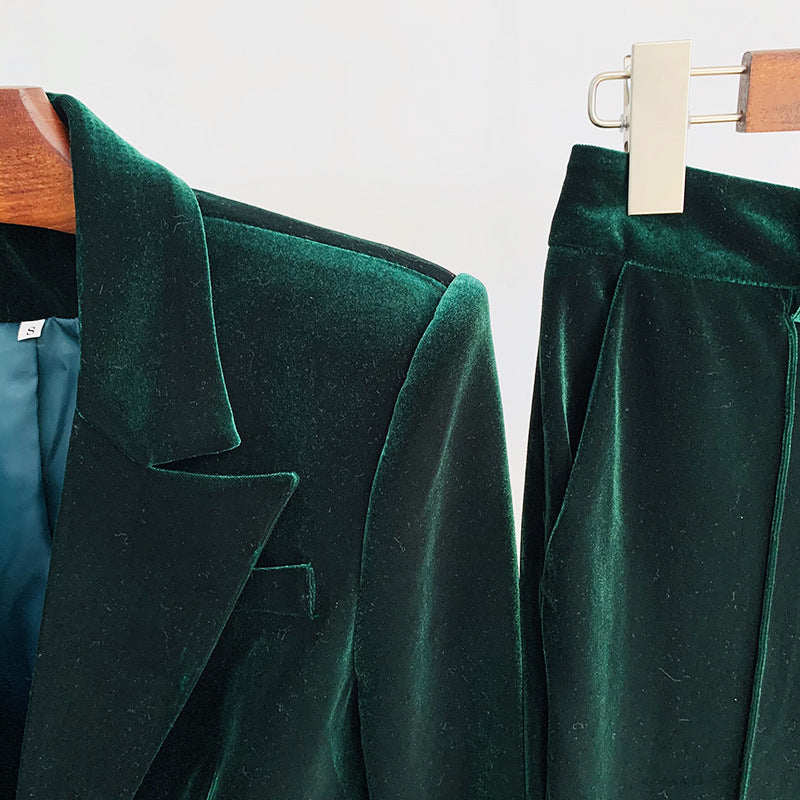 Elegant Velvet Suit Jacket And Fitted Flare Pants Set
