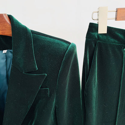 Elegant Velvet Suit Jacket And Fitted Flare Pants Set