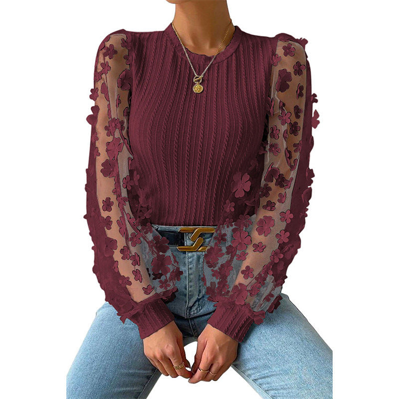 Women'S Mesh Small Flower Chiffon Shirt, Women'S Spring/Summer Round Neck Slimming Pullover Long Sleeved Top