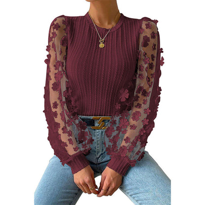 Women'S Mesh Small Flower Chiffon Shirt, Women'S Spring/Summer Round Neck Slimming Pullover Long Sleeved Top