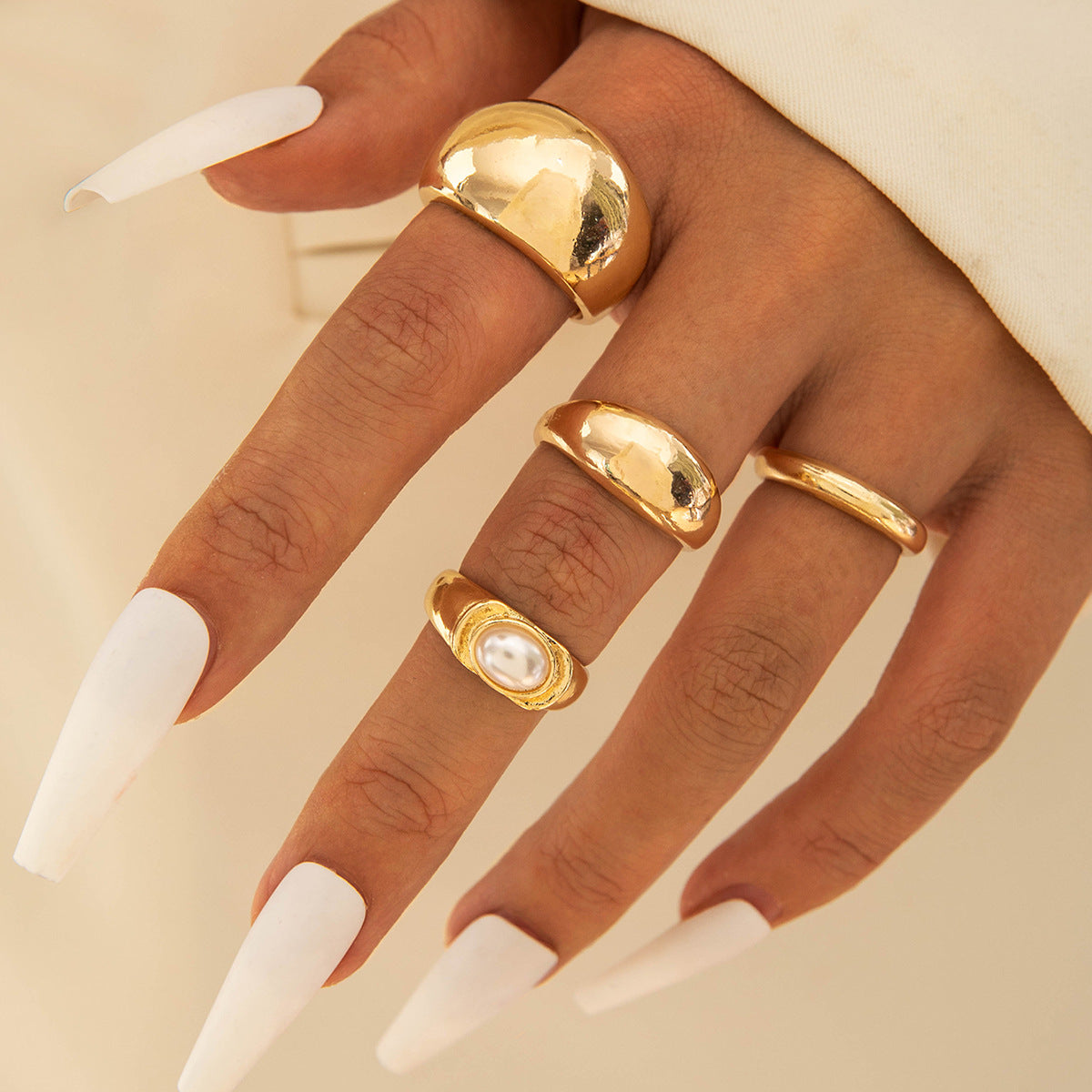 Flower-Decorated Pearl Ring Set Retro Baroque Geometric Rings