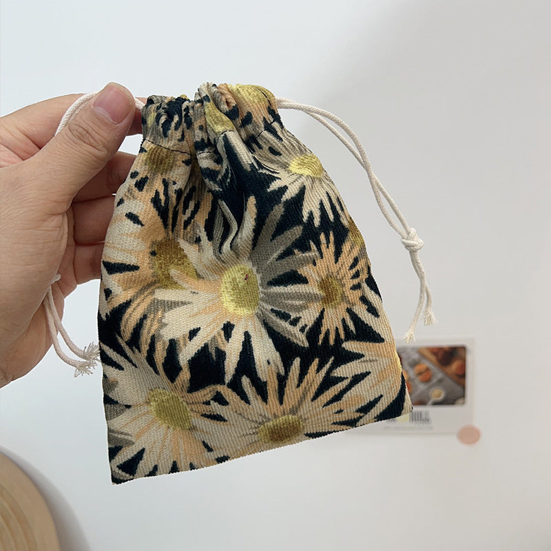 Mini Drawstring Corduroy Canvas Bag Portable Floral Storage Pouch