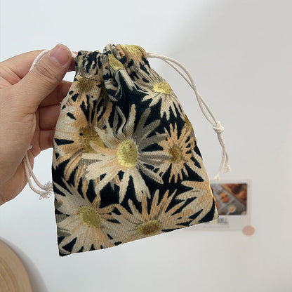 Mini Drawstring Corduroy Canvas Bag Portable Floral Storage Pouch