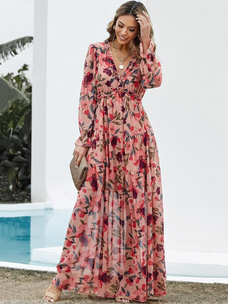 New Floral Print Long Sleeve Maxi Dress For Women