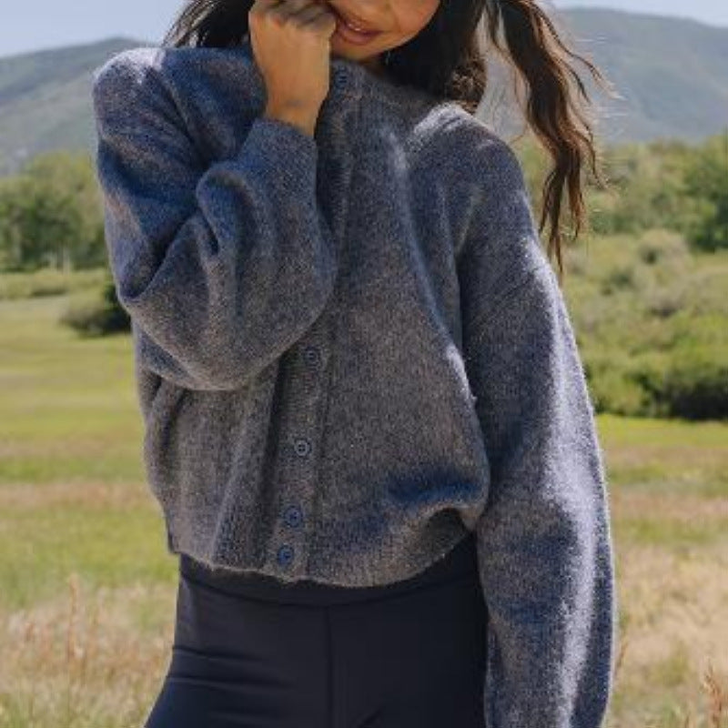Solid Color Round Neck Loose Cardigan