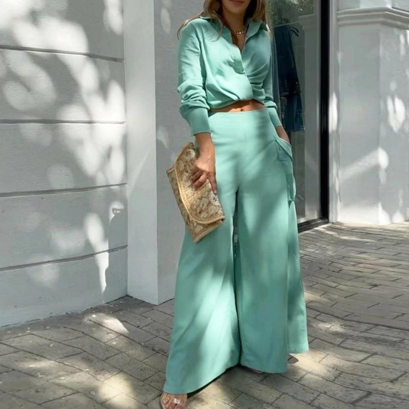 Casual Wide-Leg Pants Set with Pockets in Solid Colors