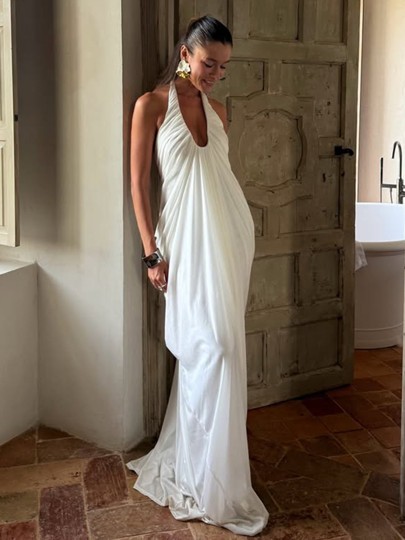 Backless V-Neck Sleeveless Maxi Dress Elegant Vacation Style